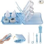 Bottle Brush Set -Baby Travel Essential-6 in 1 Bottle Cleaner Kit with Silicone Bottle Brush,Nipple Cleaner Brush,Straw Brush,Soap Dispenser,Storage Box,Bottle Drying Rack for Home and Travel (Blue)