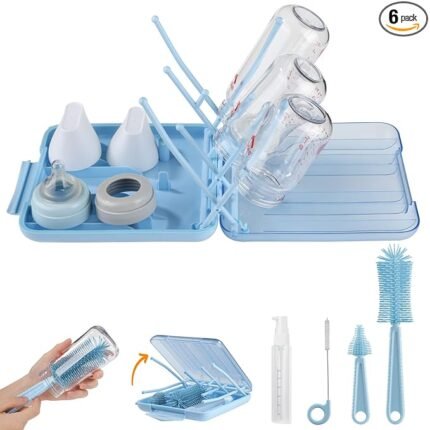 Bottle Brush Set -Baby Travel Essential-6 in 1 Bottle Cleaner Kit with Silicone Bottle Brush,Nipple Cleaner Brush,Straw Brush,Soap Dispenser,Storage Box,Bottle Drying Rack for Home and Travel (Blue)